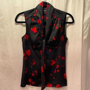 Sleeveless Blouse | Red Floral Print | Neck Tie | Retro Vibe